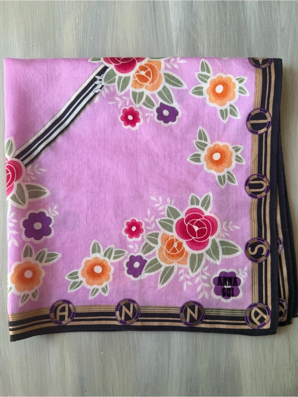 Anna Sui floral cotton scarf Bandana Roses Butterfly Purple Hair Bow Bag Scarf